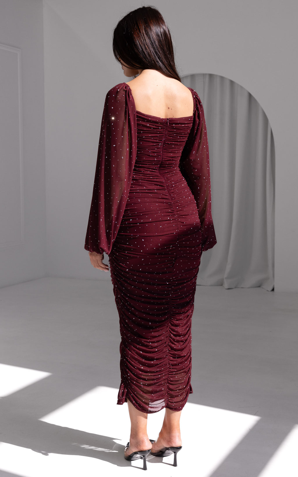 Jolie Mesh Midi Dress - Wine Embellished