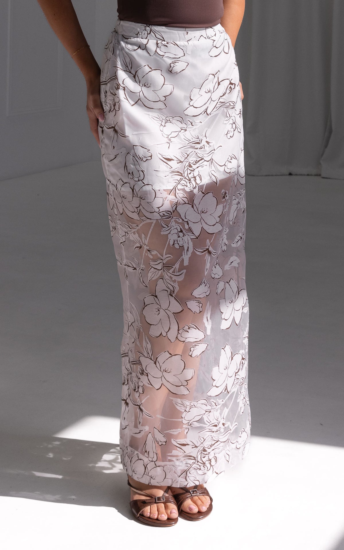 Jovi Maxi Skirt - White Brown Floral Texture