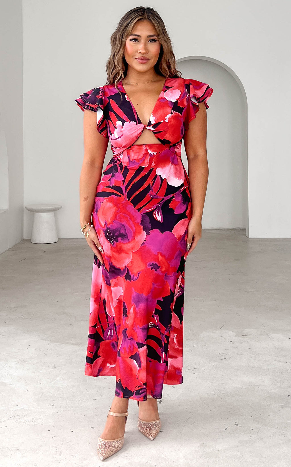 Kamala Flutter Sleeve Maxi Dress - Red Black Floral