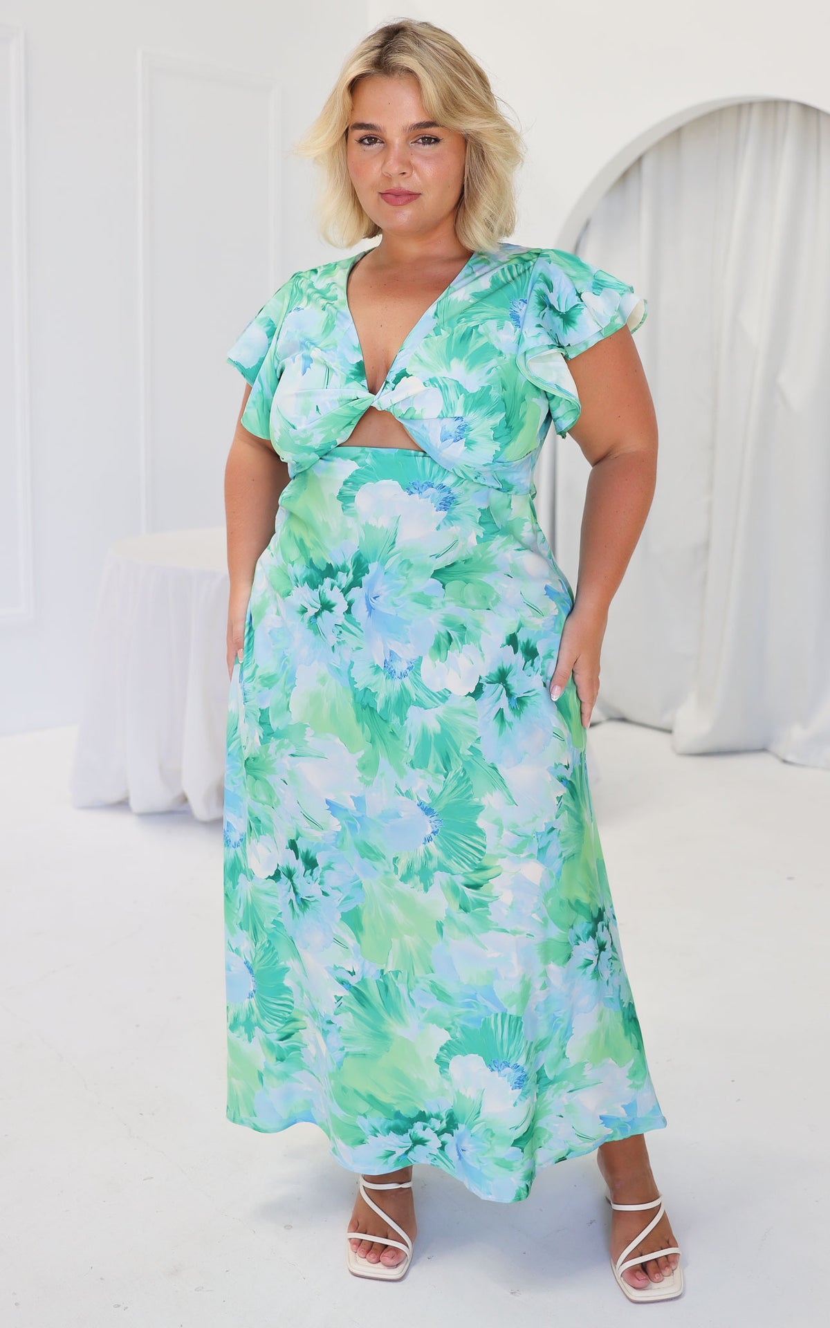 Kamala Flutter Sleeve Maxi Dress - Blue Green Floral