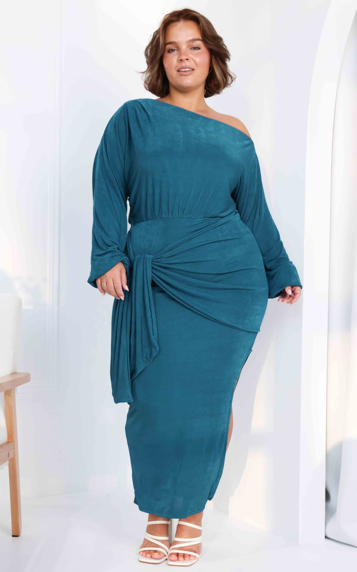 Kobe Long Sleeve Midi Dress - Teal Blue Sheen