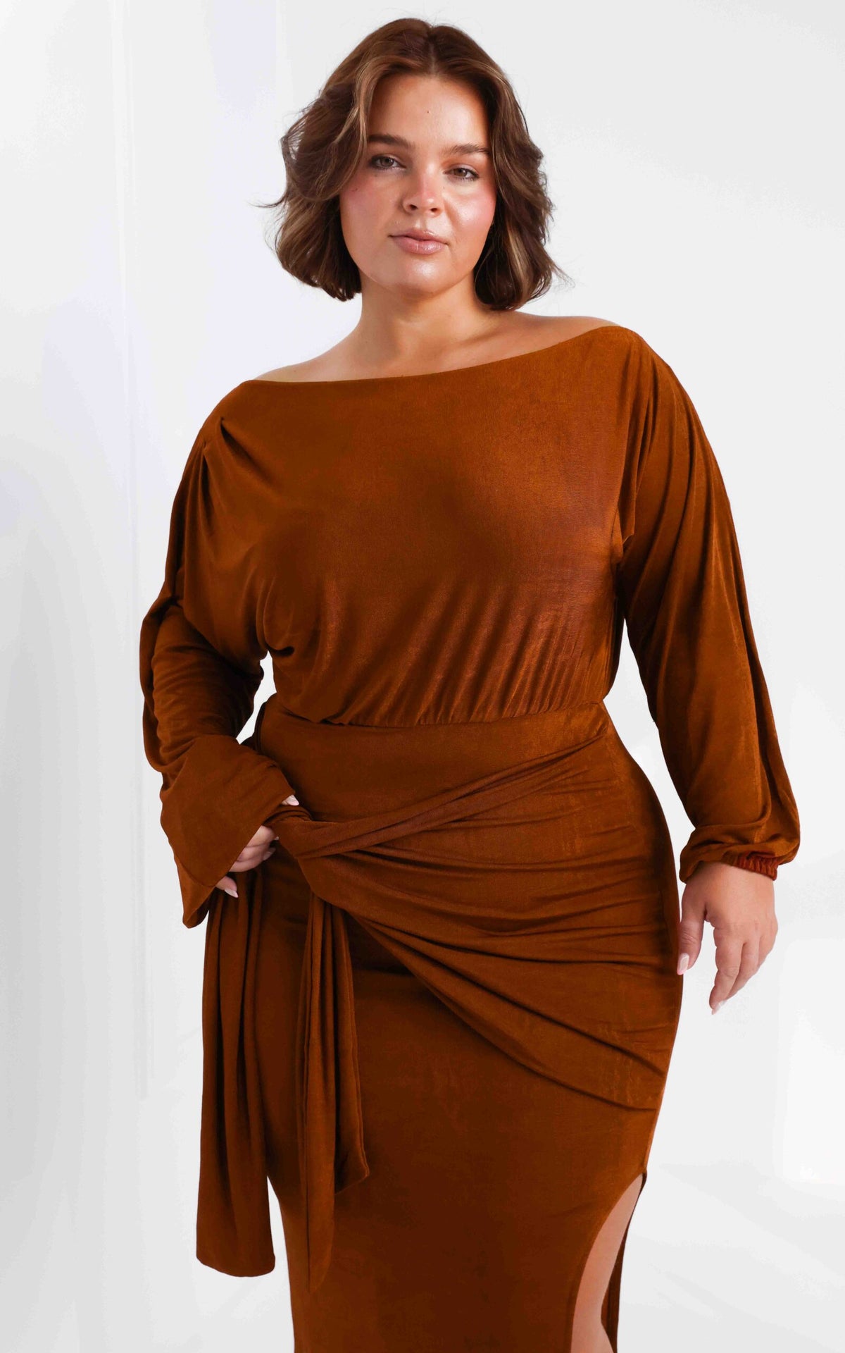 Kobe Long Sleeve Midi Dress - Rust Sheen