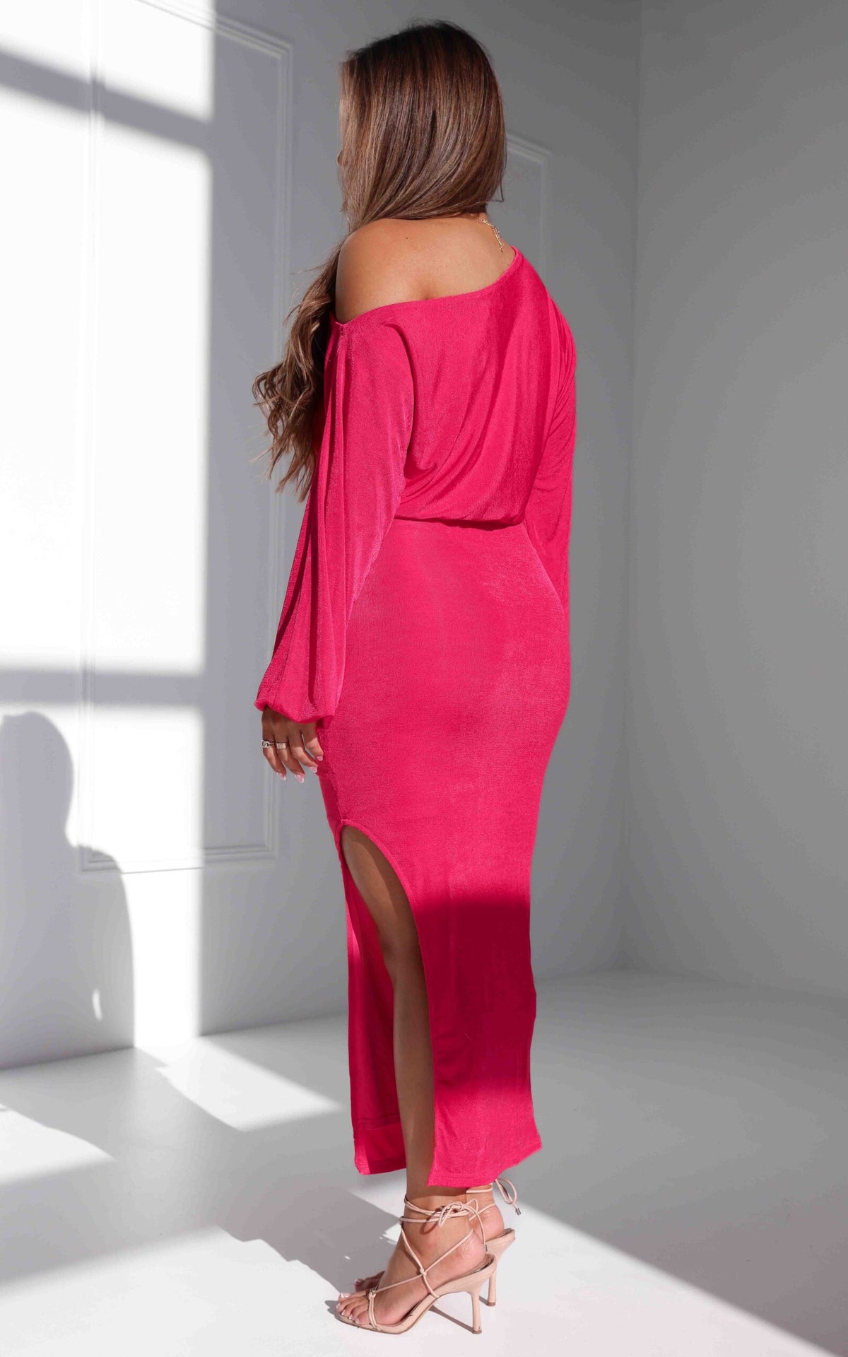 Kobe Long Sleeve Midi Dress - Watermelon Pink Sheen