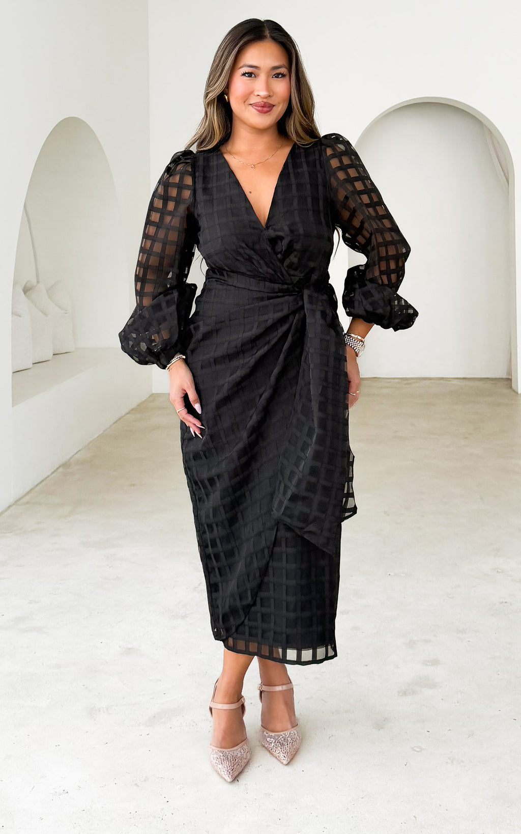 Koko Long Sleeve Midi Dress - Black Check Organza