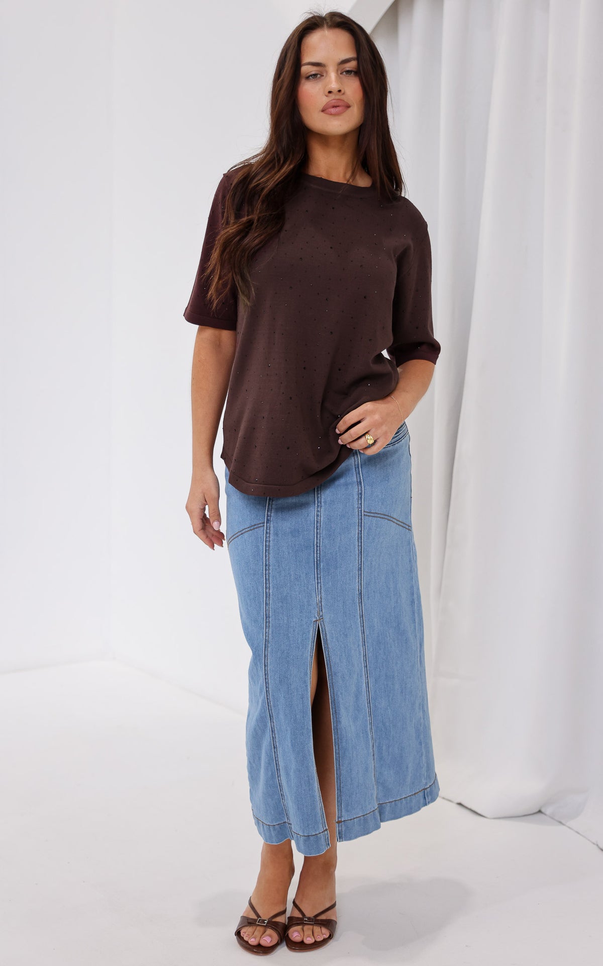 Kenzia Diamante Knit Top - Chocolate Brown