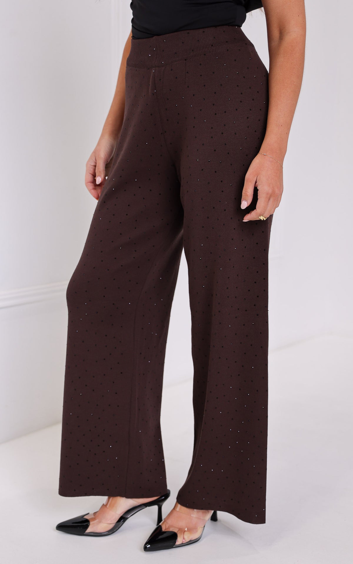 Kenzia Diamante Wide Leg Knit Pants - Chocolate Brown