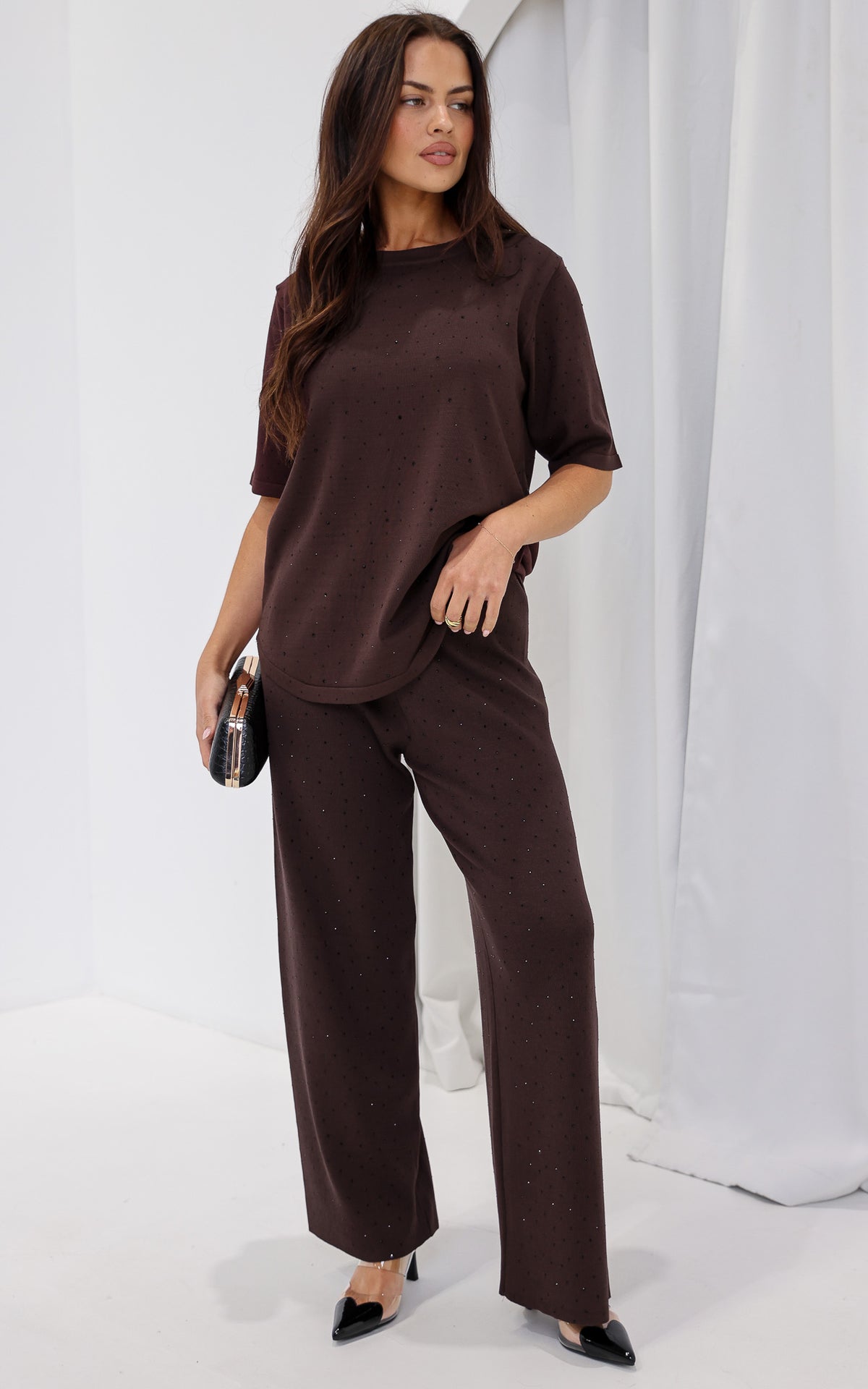Kenzia Diamante Wide Leg Knit Pants - Chocolate Brown