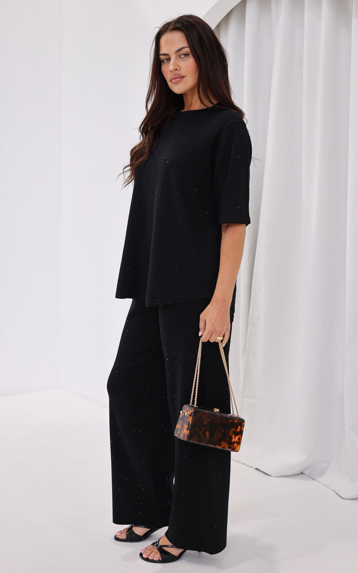 Kenzia Diamante Wide Leg Knit Pants - Black