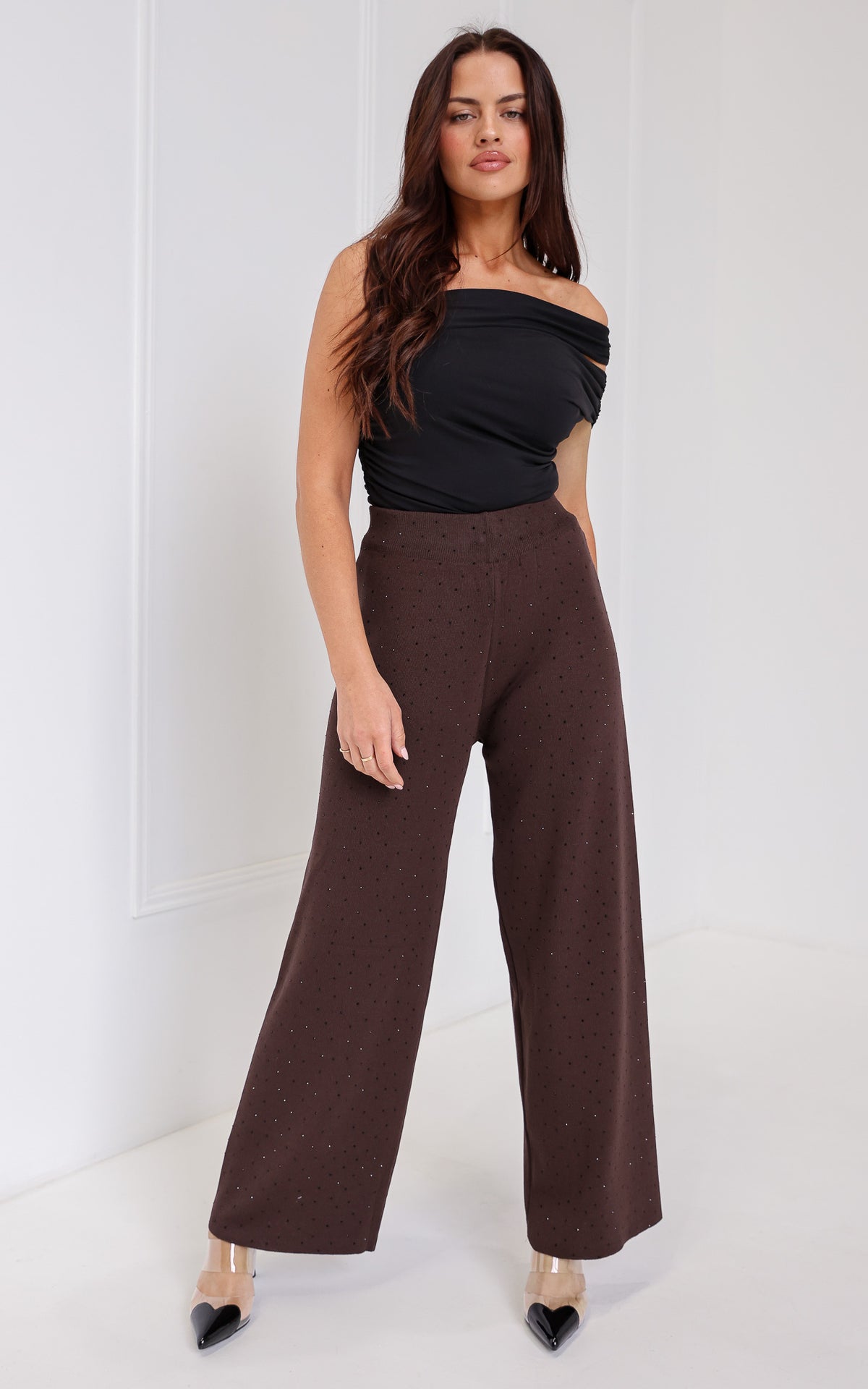 Kenzia Diamante Wide Leg Knit Pants - Chocolate Brown