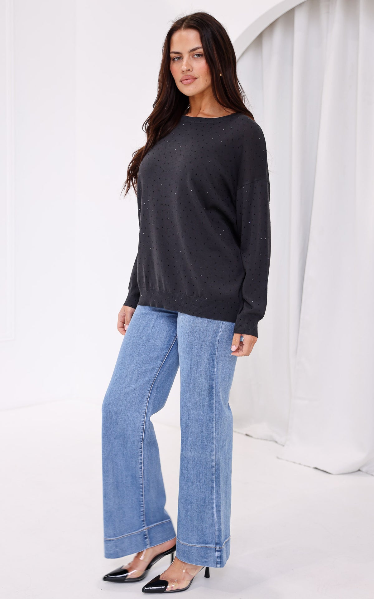 Kimani Diamante Knit Jumper - Charcoal Black
