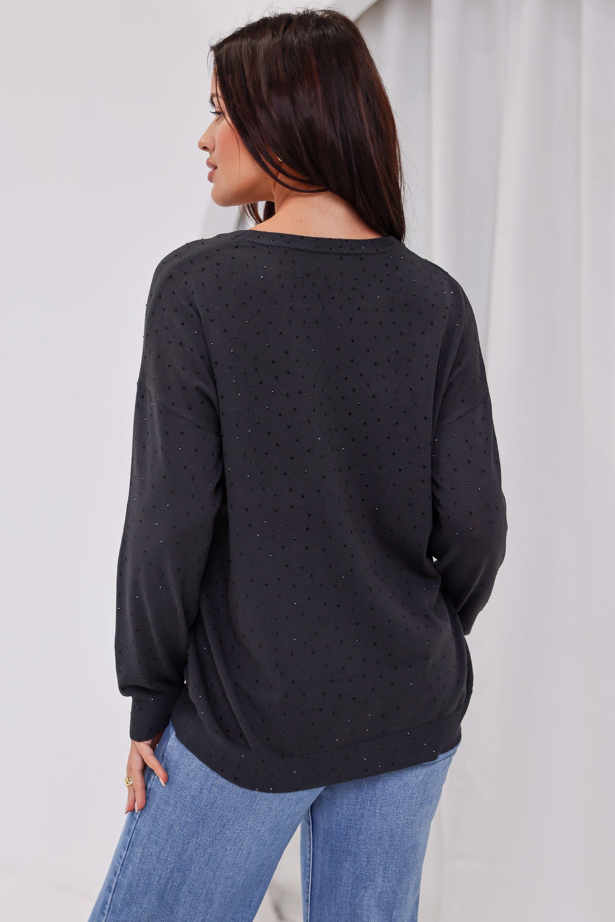 Kimani Diamante Knit Jumper - Charcoal Black