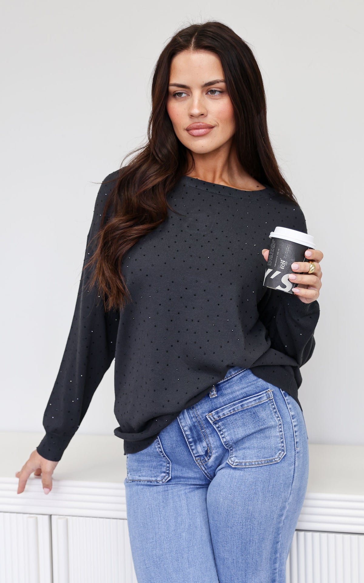 Kimani Diamante Knit Jumper - Charcoal Black
