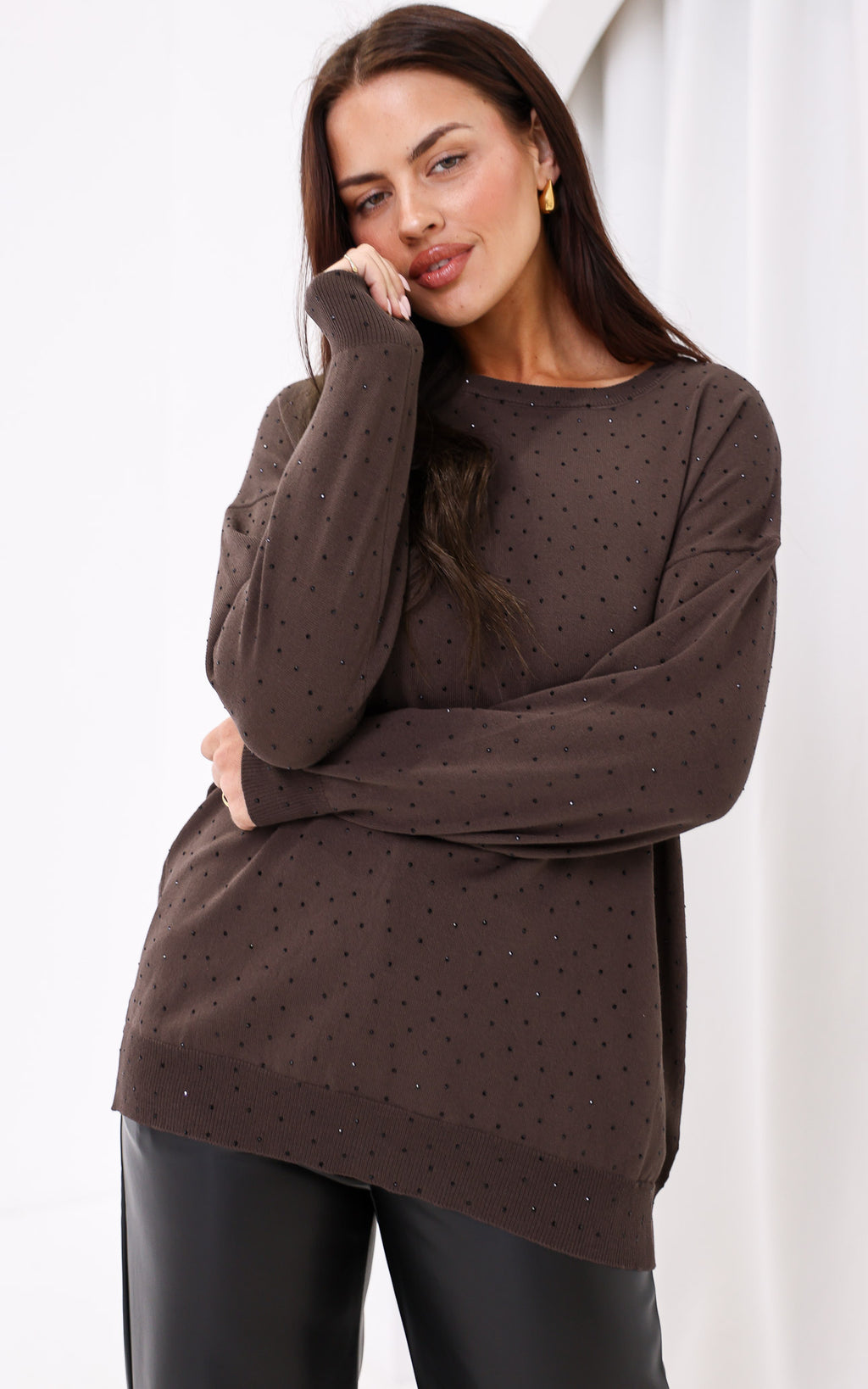 Kimani Diamante Knit Jumper - Coffee Brown