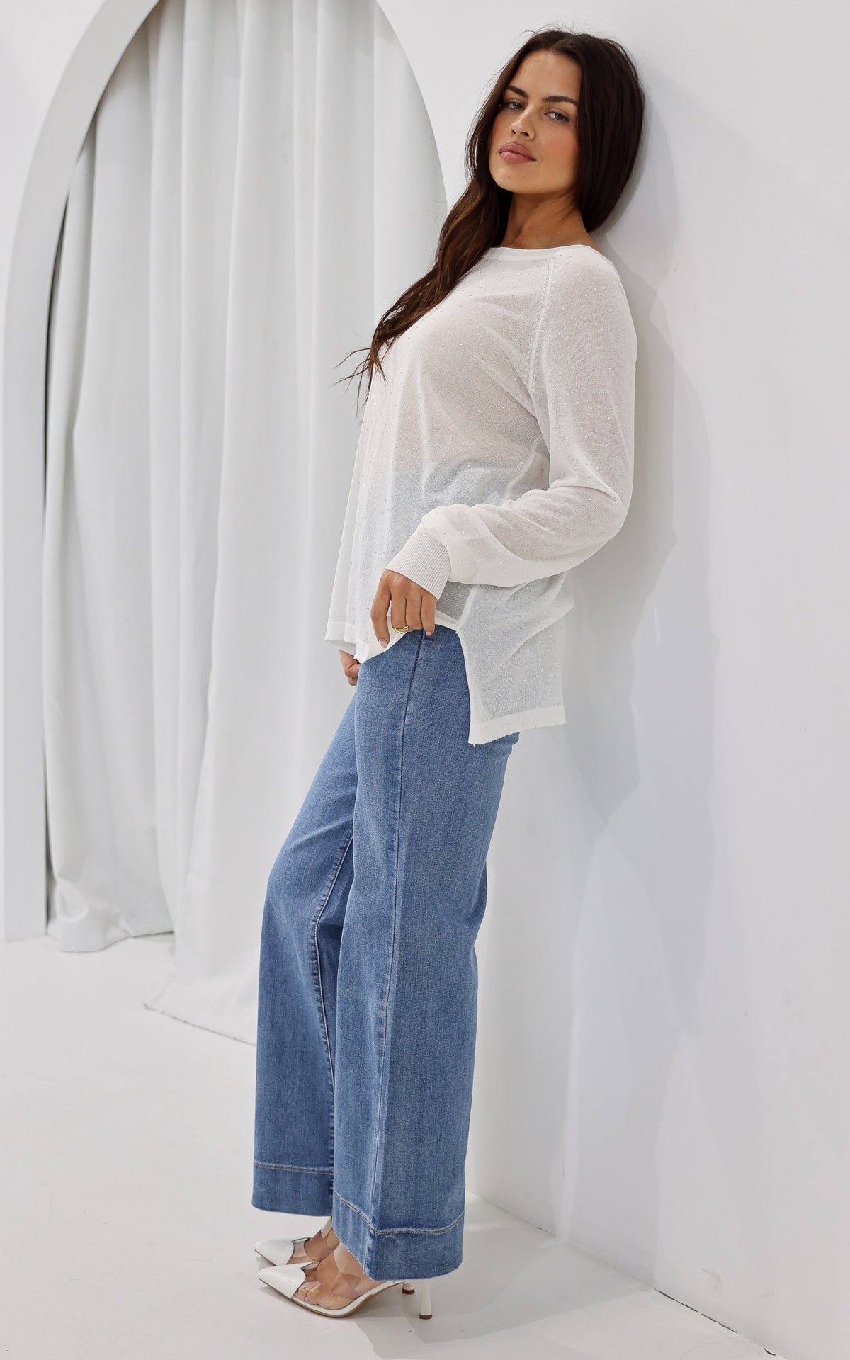 Kora Diamante Long Sleeve Knit Top - White