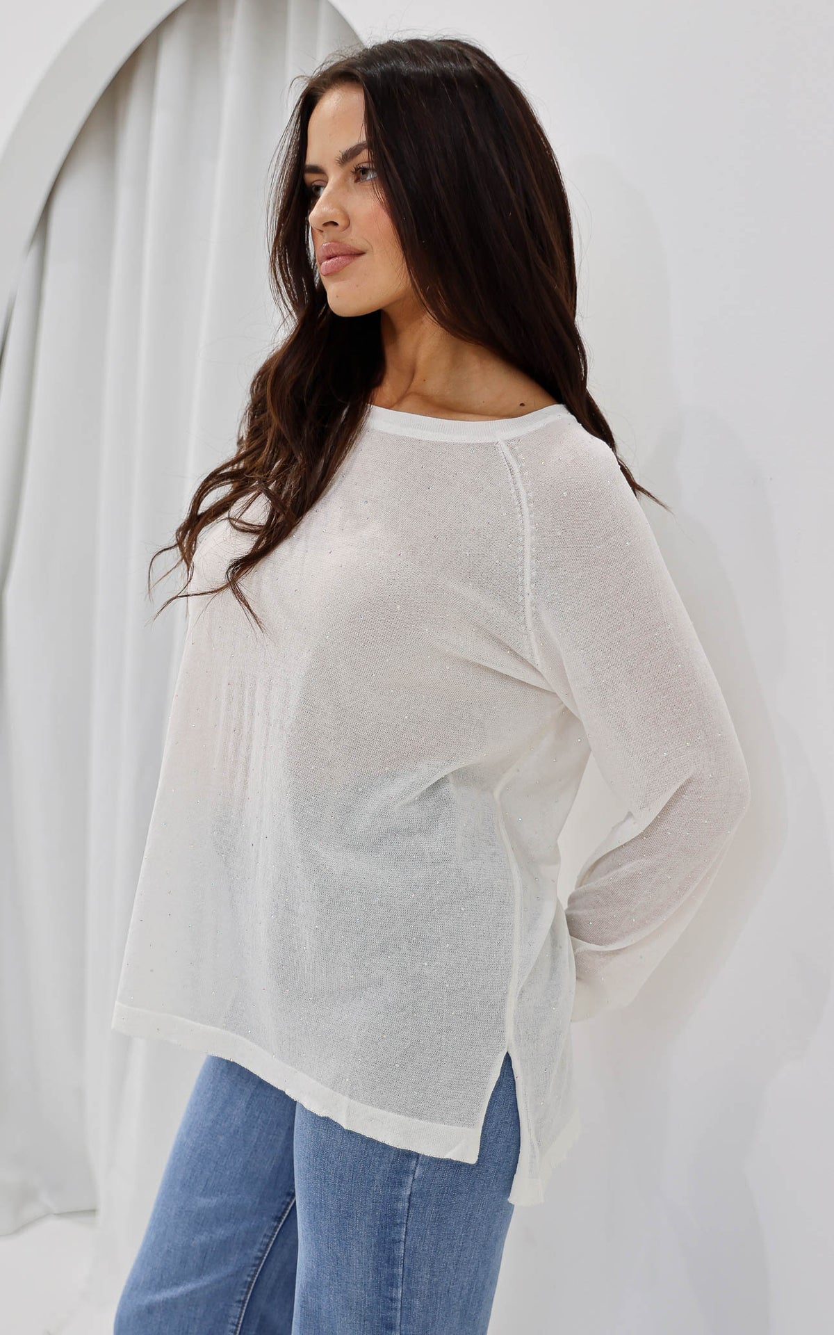 Kora Diamante Long Sleeve Knit Top - White