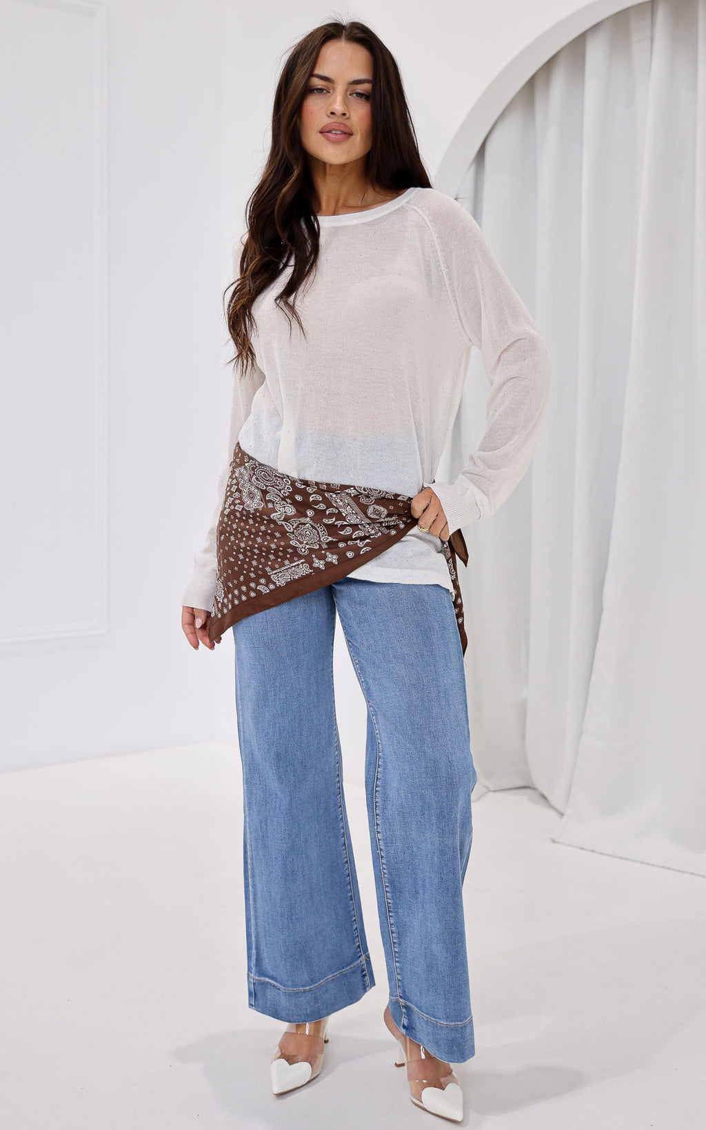 Kora Diamante Long Sleeve Knit Top - White