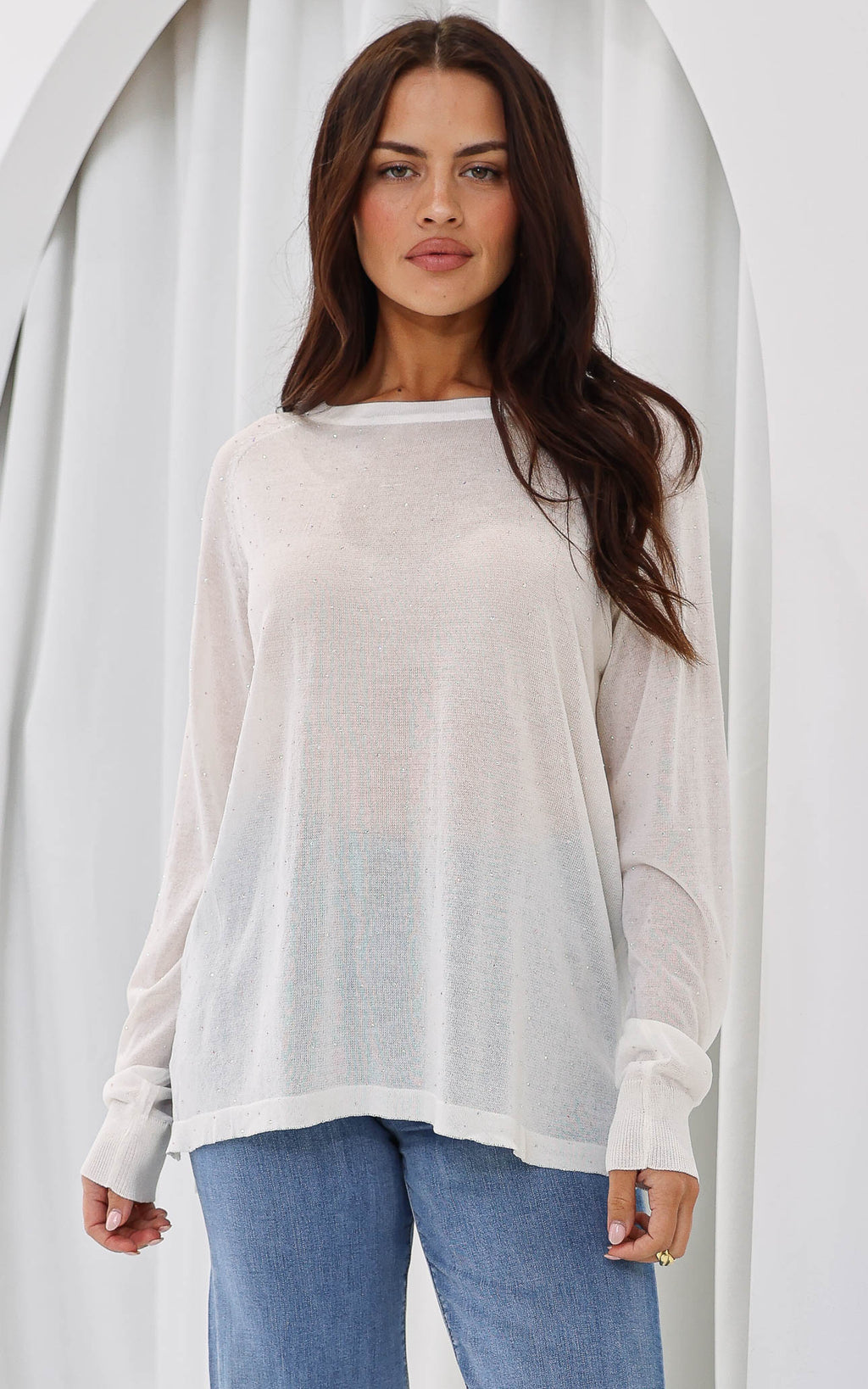Kora Diamante Long Sleeve Knit Top - White