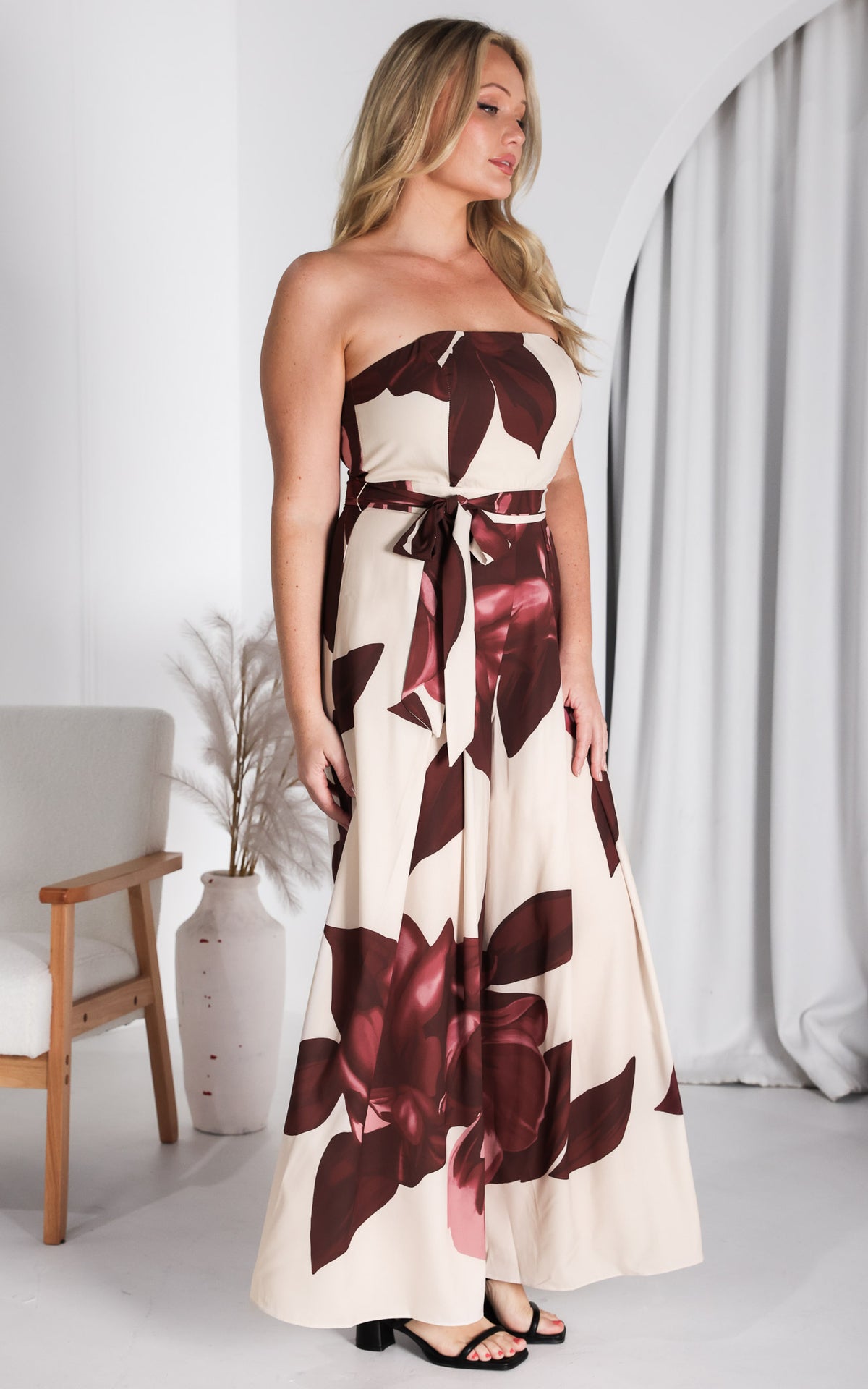 Lagoon Shirred Back Panel Jumpsuit - Cream Wine Floral