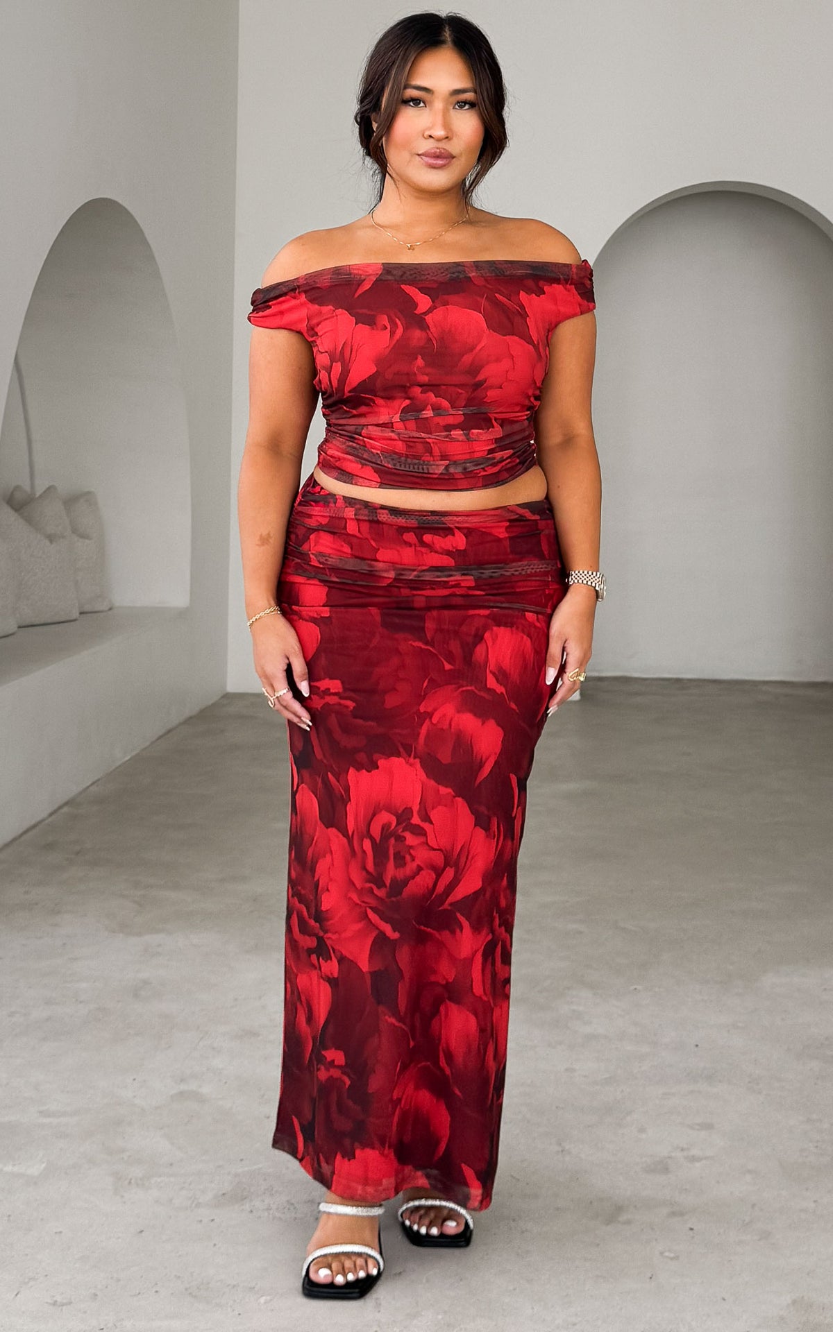 Lavon Mesh Crop Top - Red Floral