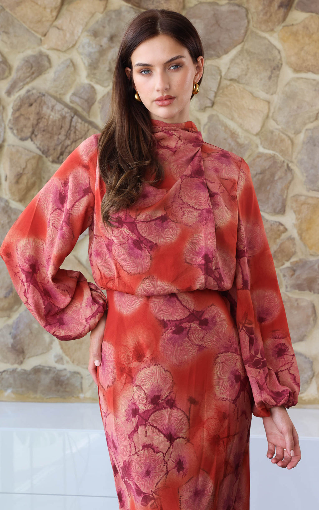Cobero Long Sleeve Maxi Dress - Orange Purple Floral