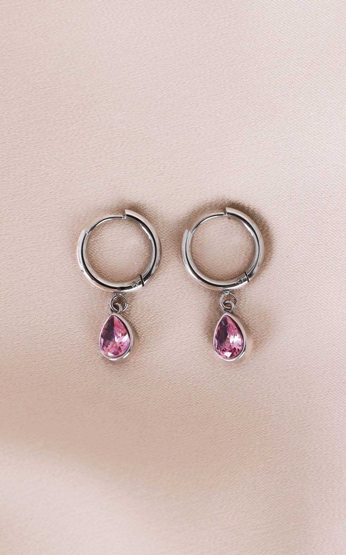 Lynnie Dainty Hoop Charm Earrings - Silver Pink Tear Diamante