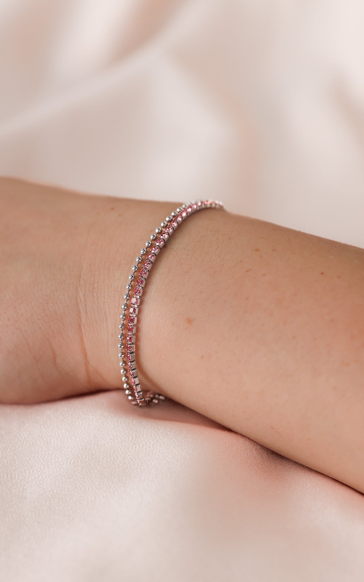 Lynn Double Chain Bracelet - Silver Pink Diamante