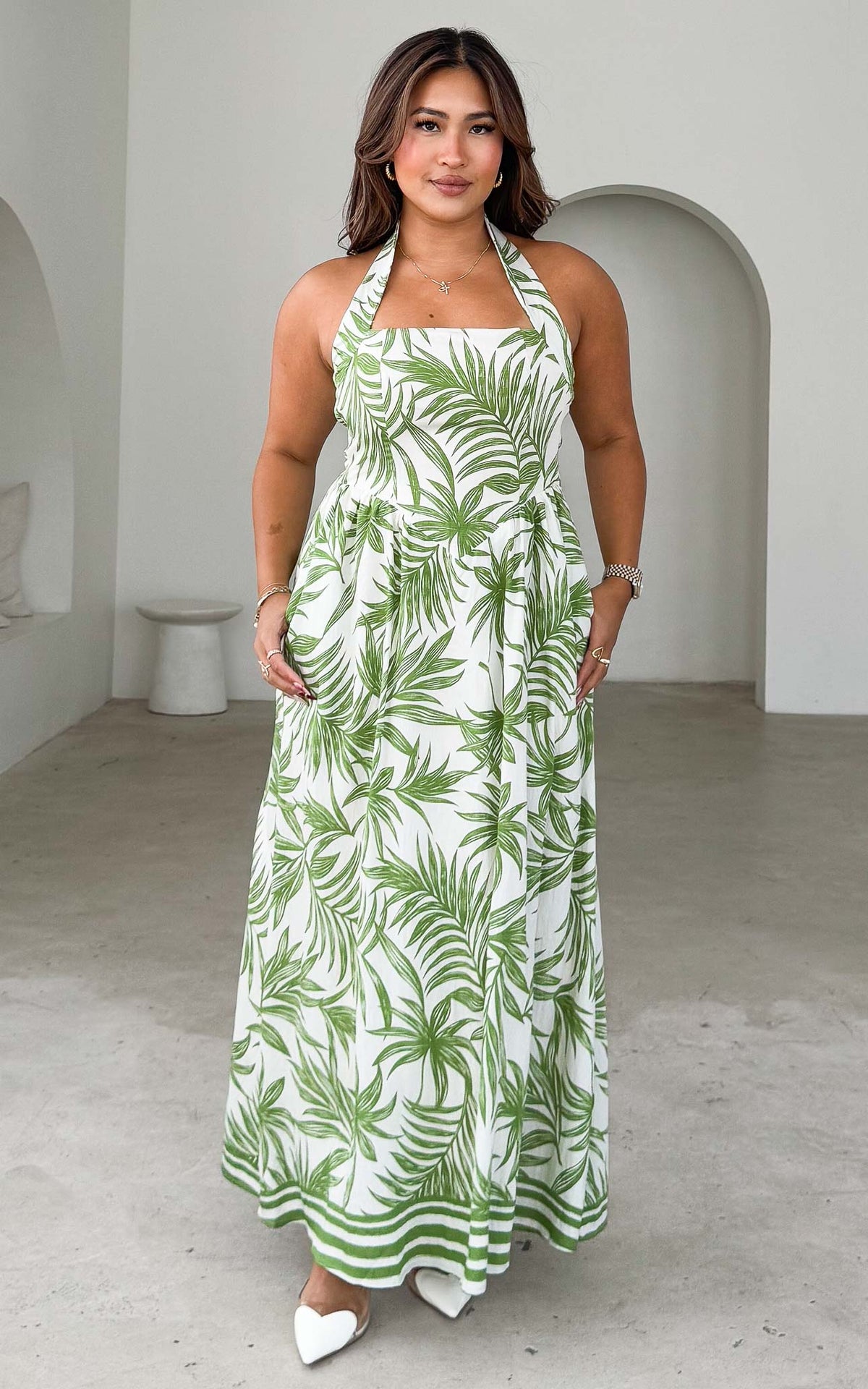 Lyra Maxi Dress - Green Leaf Print