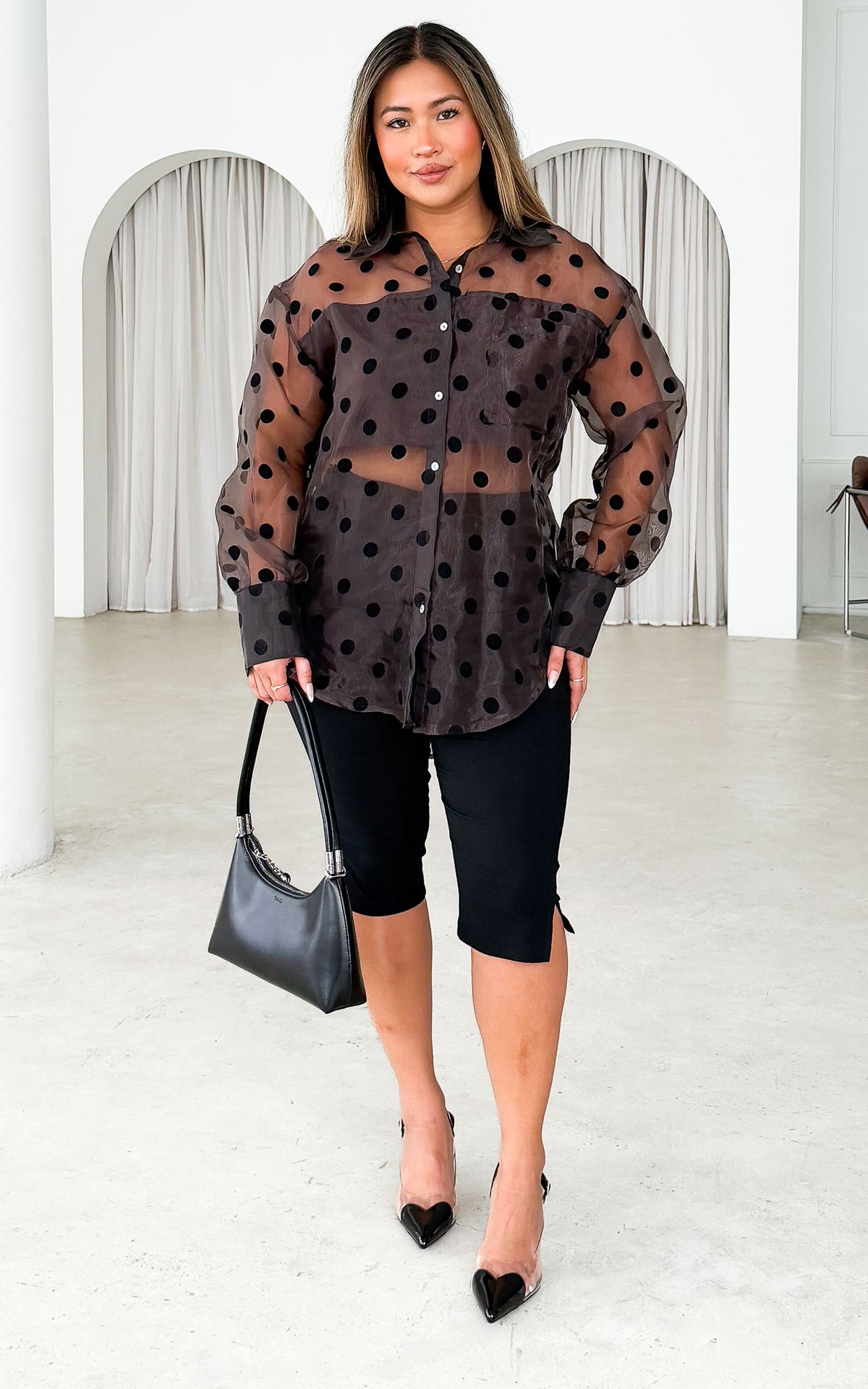 Lachlan Shirt Blouse - Dark Brown Polka Dot