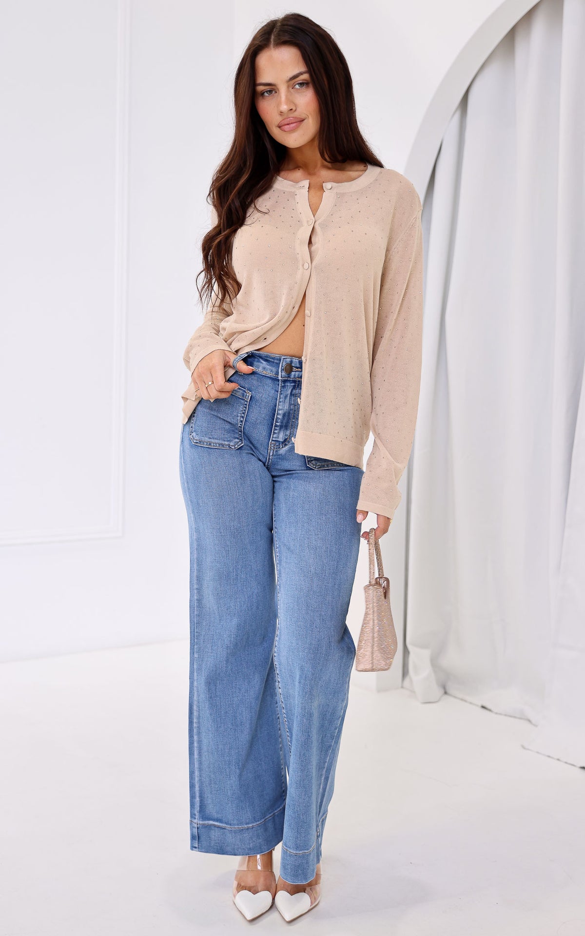 Lumiere Diamante Knit Cardigan - Beige