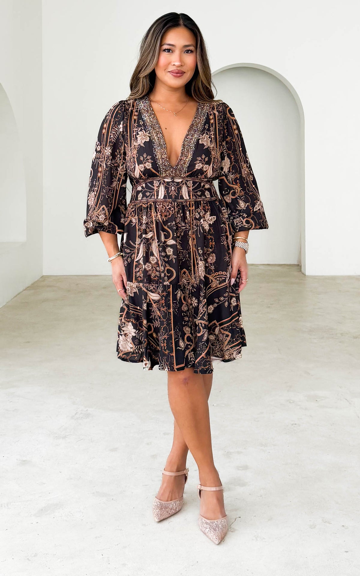 Mayura Gem Embellished Mini Dress - Black Bronze Print