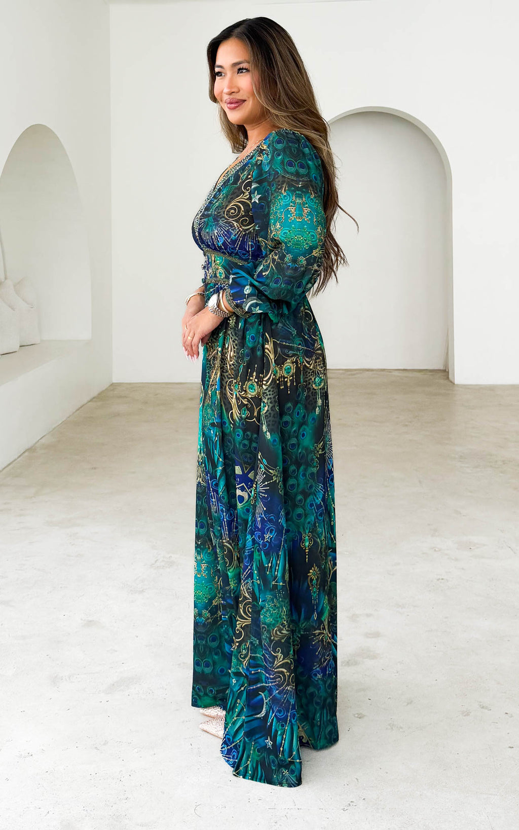 Mayura Gem Embellished Maxi Dress - Peacock Print