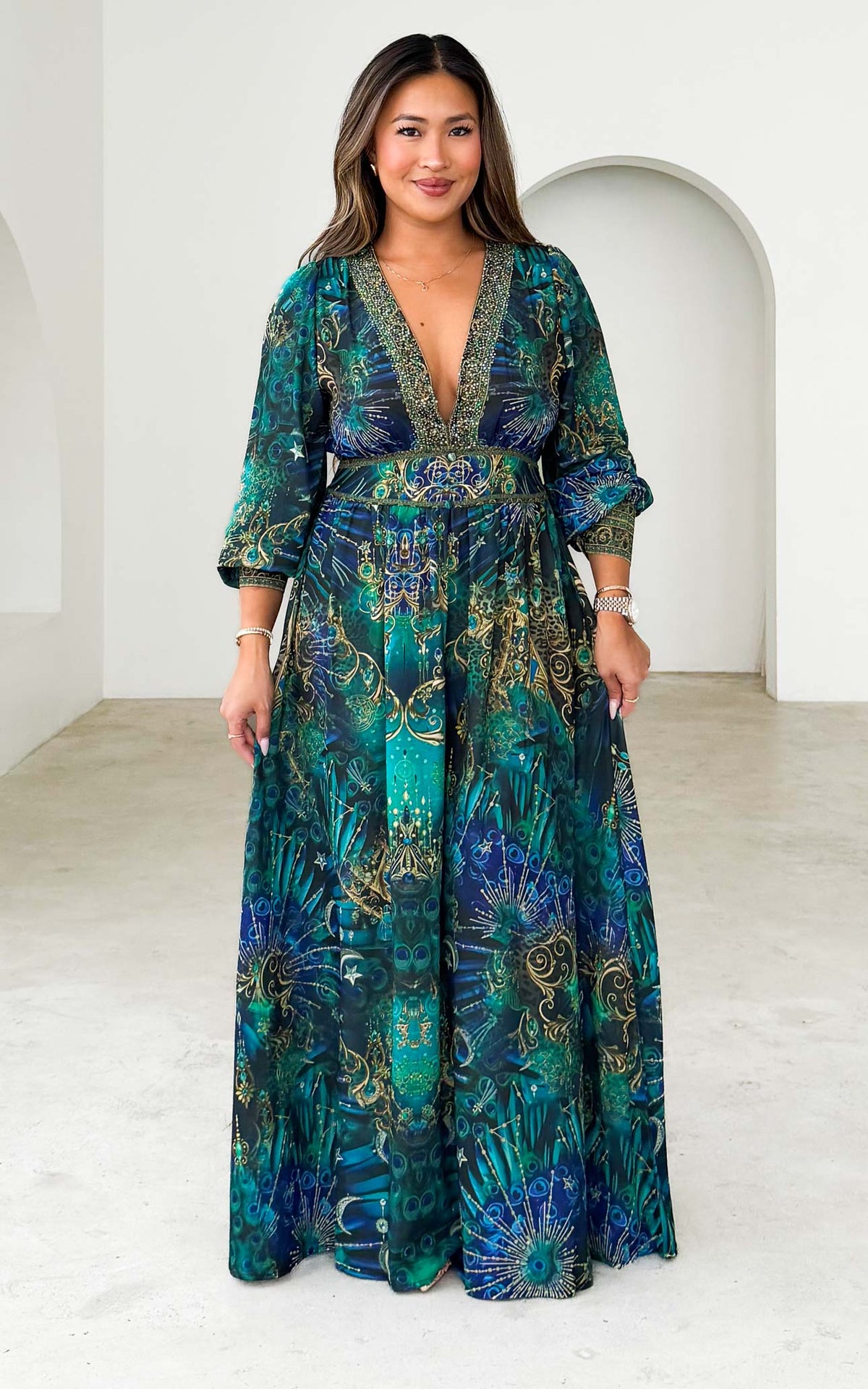 Mayura Gem Embellished Maxi Dress - Peacock Print