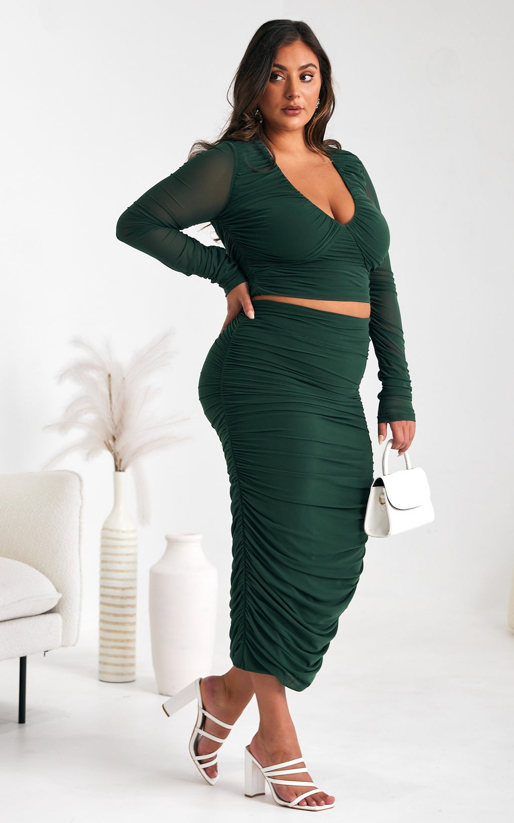 Melody Long Sleeve Mesh Crop Top - Emerald