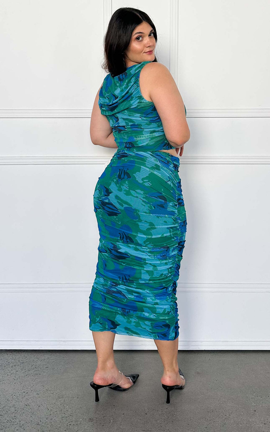 Melody Sleeveless Mesh Crop Top - Green Blue Print