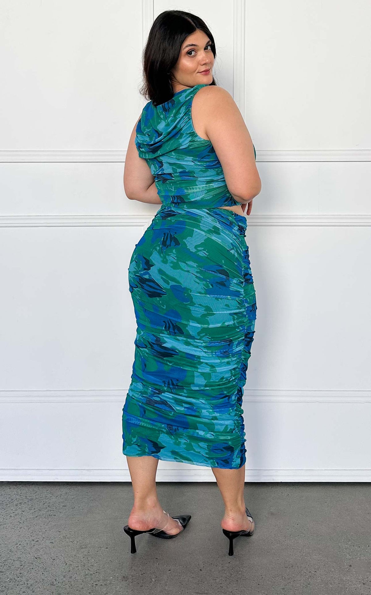 Melody Sleeveless Mesh Crop Top - Green Blue Print