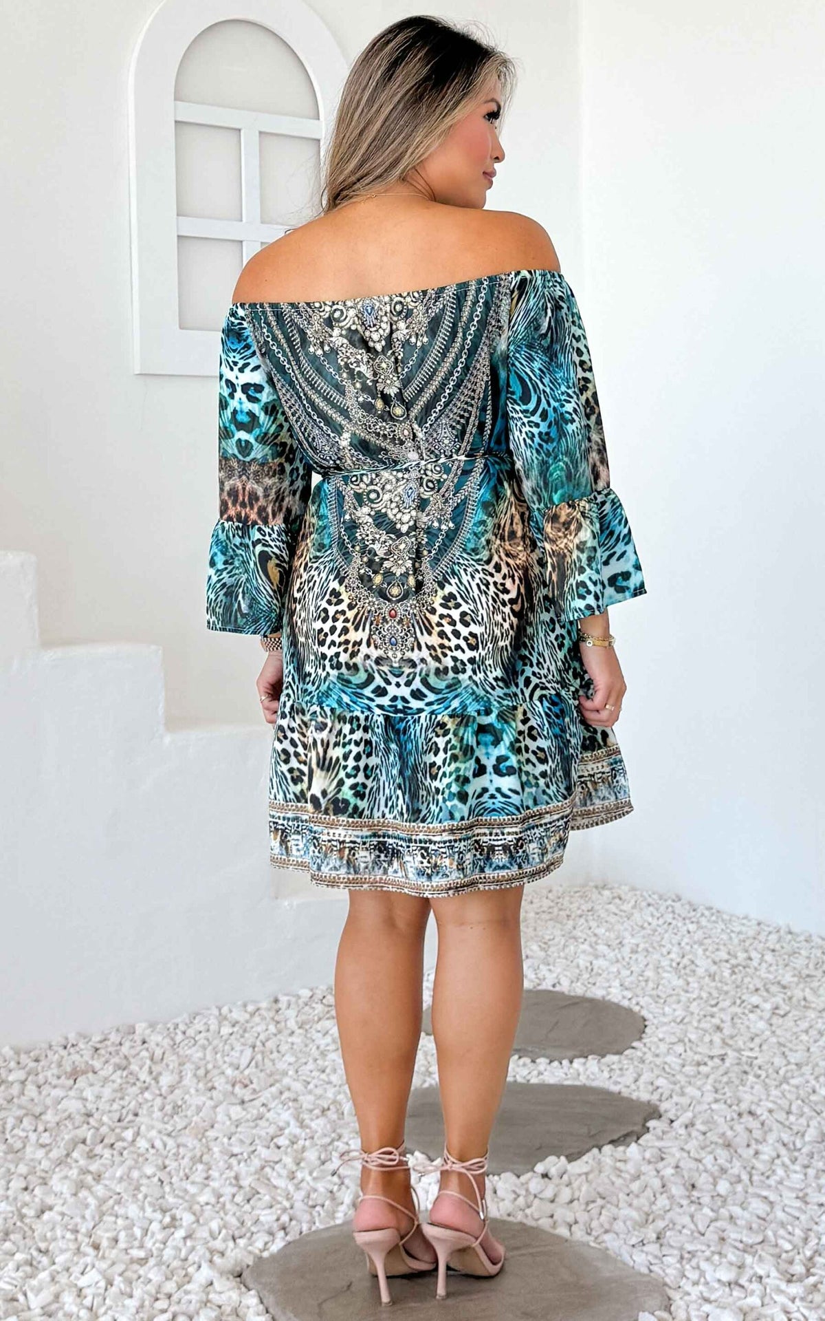 Michelle Gem Embellished Dress - Leopard Blue Print