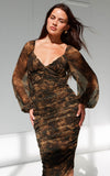 Miley Long Sleeve Midi Dress - Sand Brown Animal Print