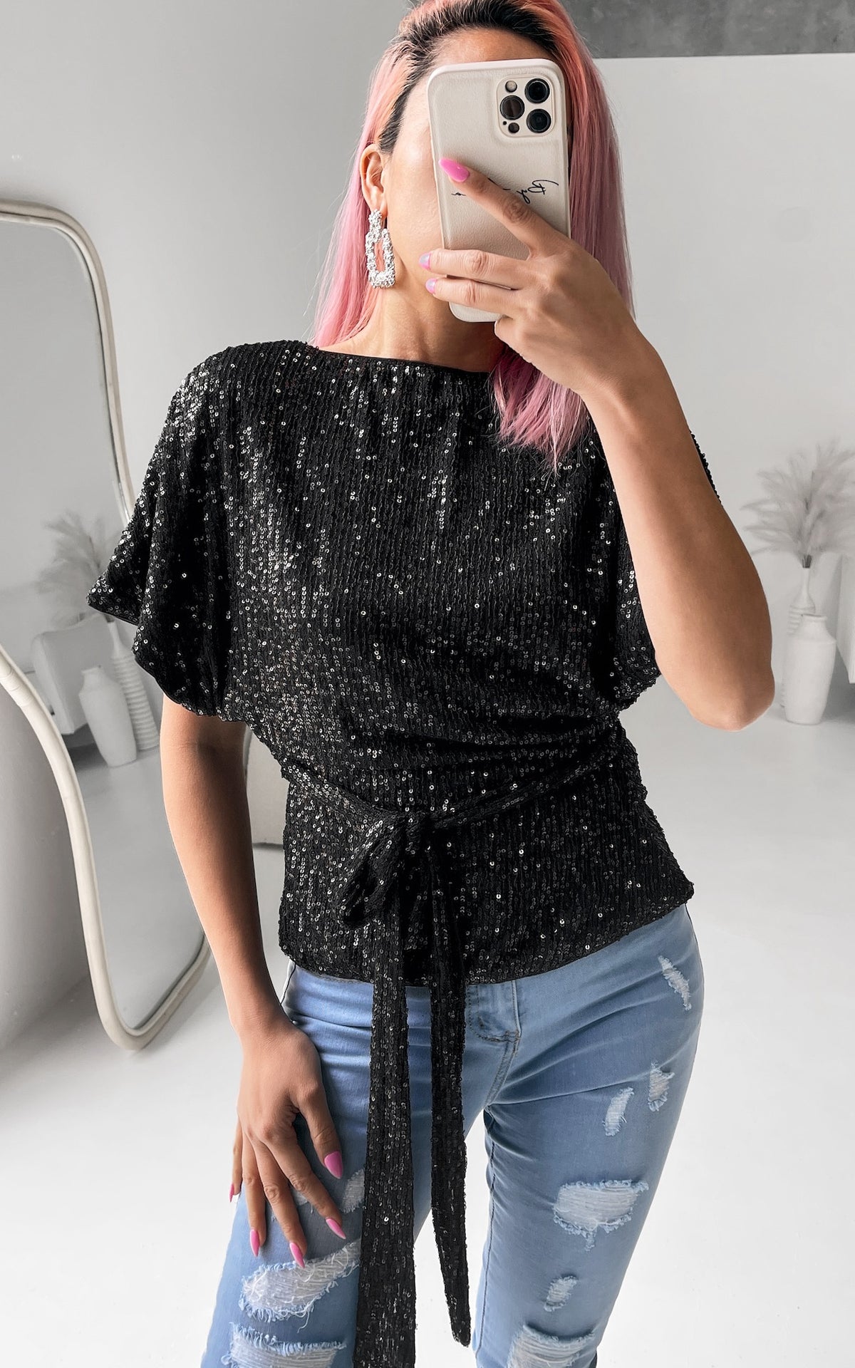 Monaco Sequin Wrap Top - Black