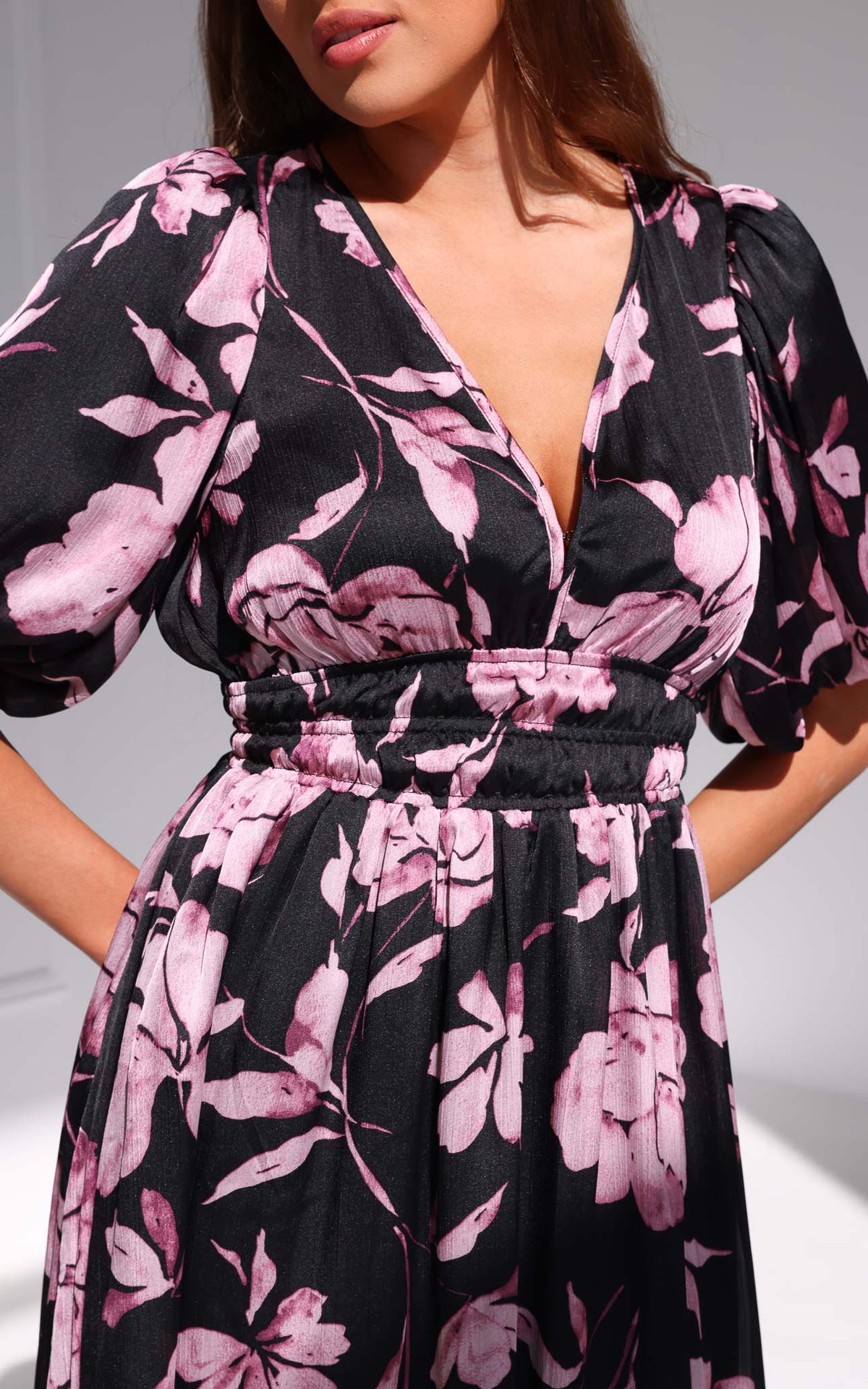 Monique Puff Sleeve Maxi Dress - Black Purple Floral