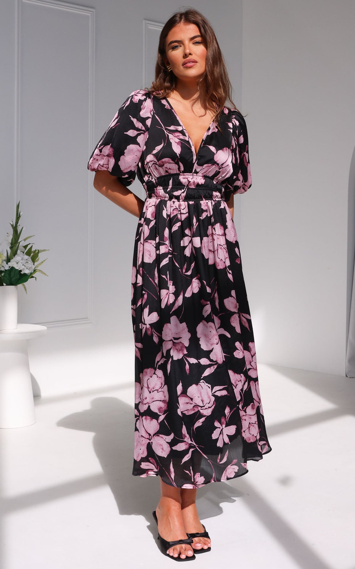 Monique Puff Sleeve Maxi Dress - Black Purple Floral
