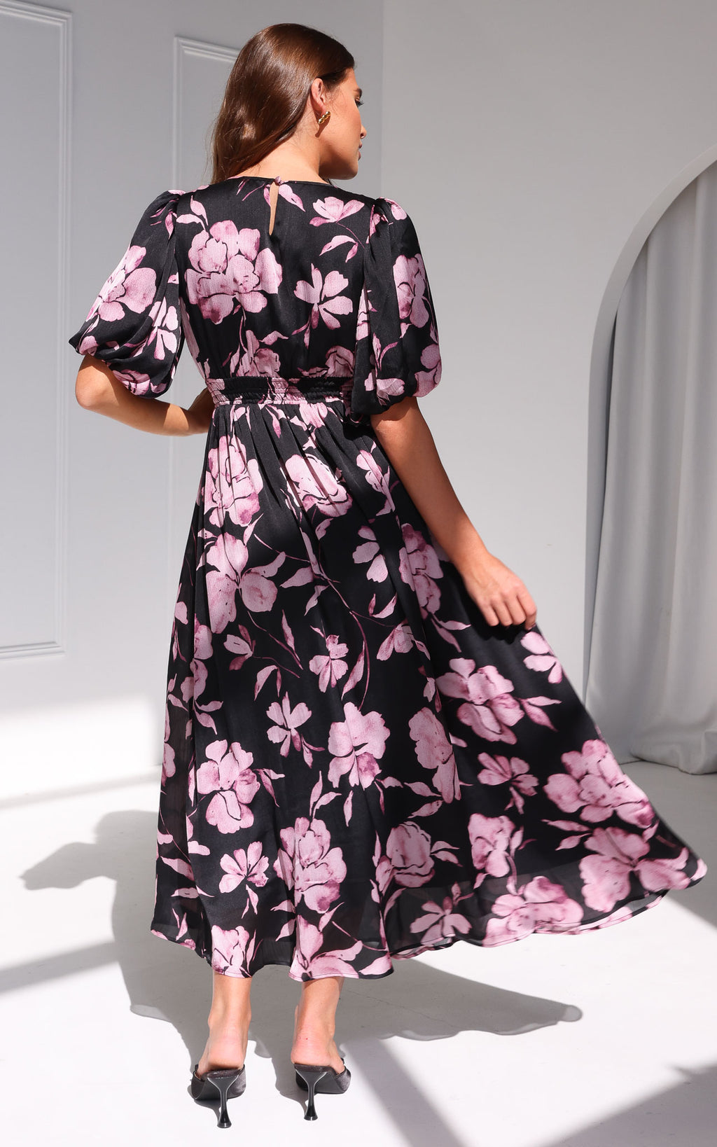 Monique Puff Sleeve Maxi Dress - Black Purple Floral