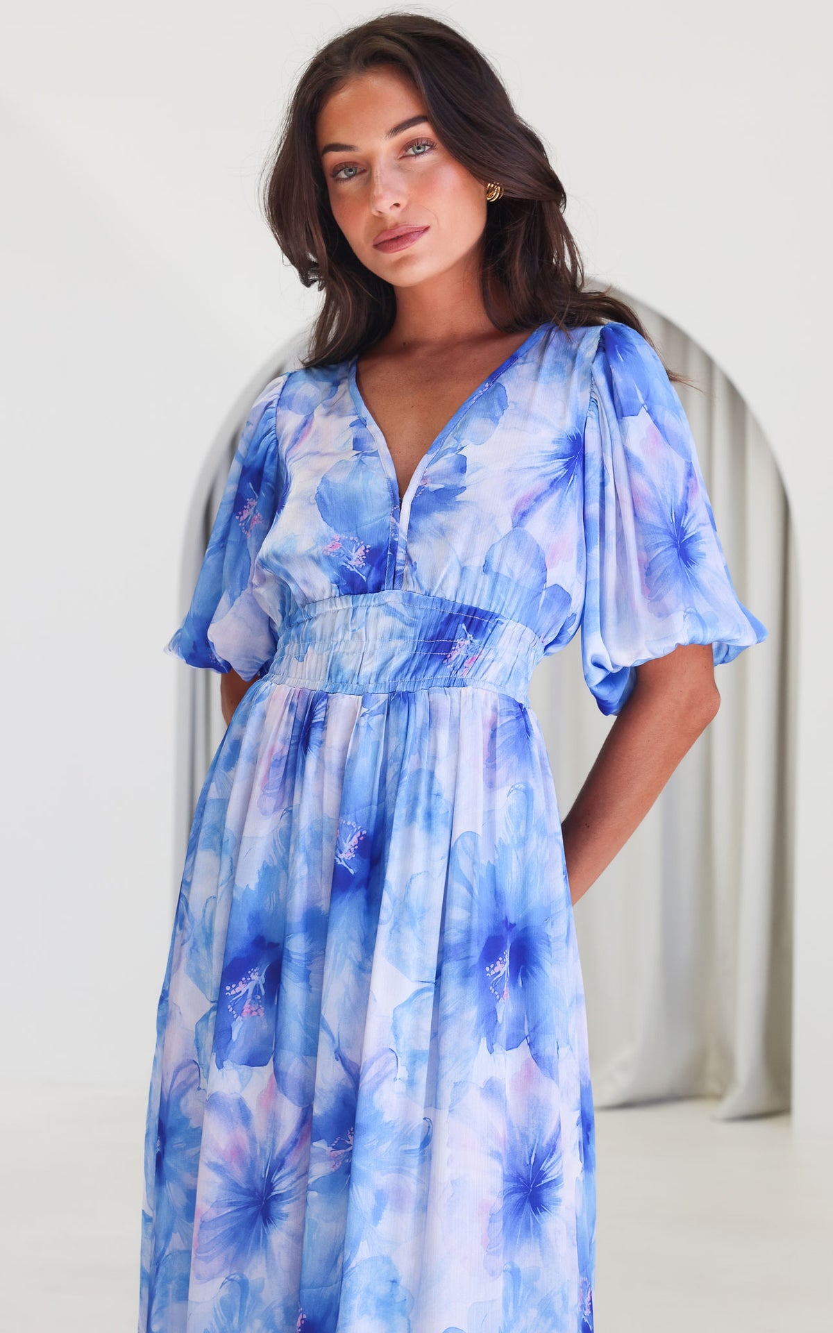Monique Puff Sleeve Maxi Dress - Blue Floral