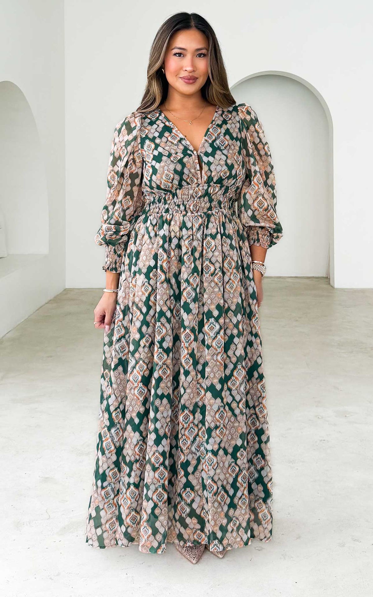 Monique Long Sleeve Maxi Dress - Emerald Gold Print