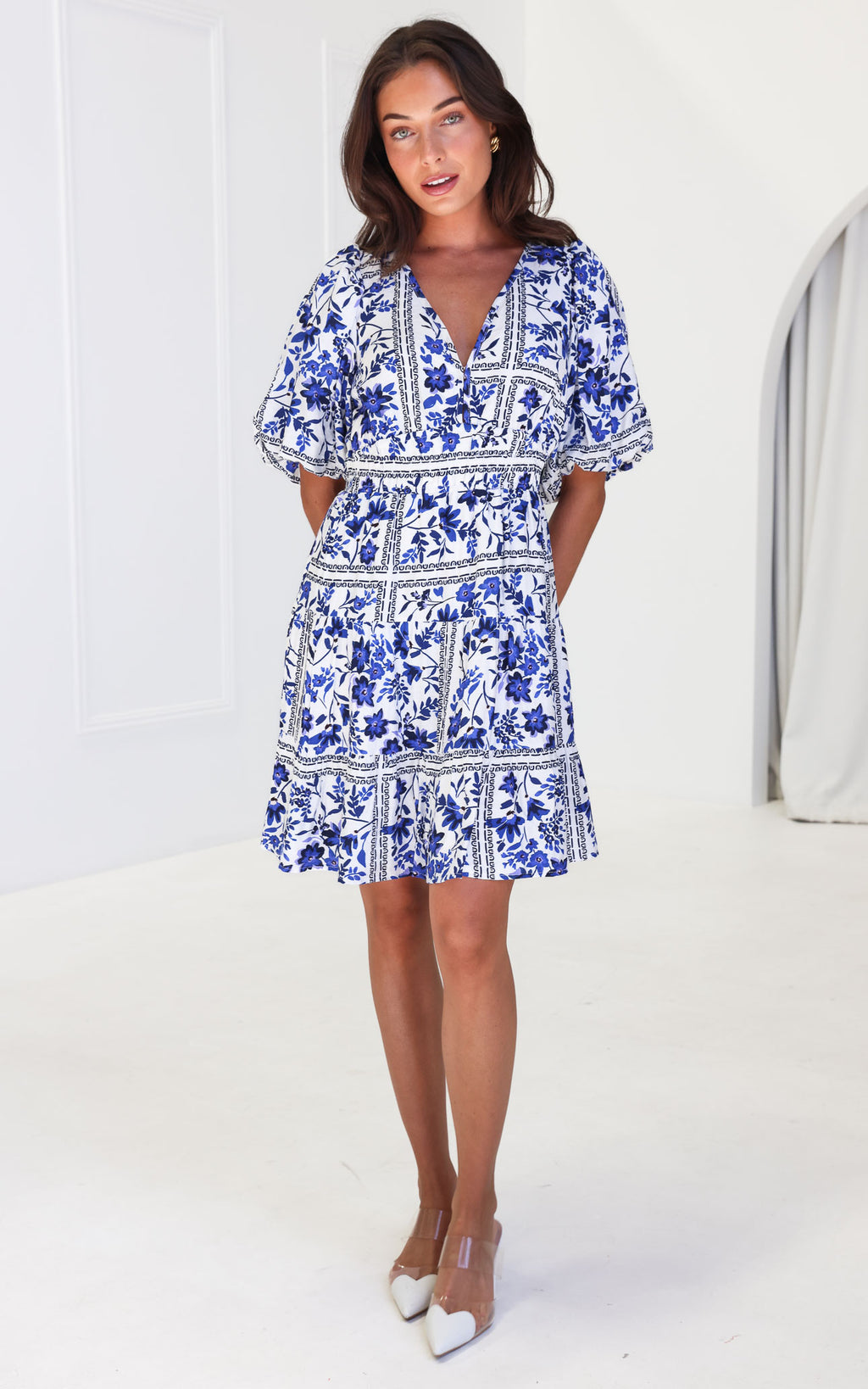 Monique Puff Sleeve Dress - White Blue Floral