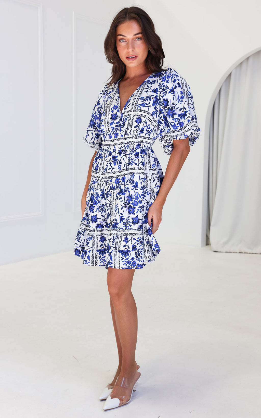 Monique Puff Sleeve Dress - White Blue Floral