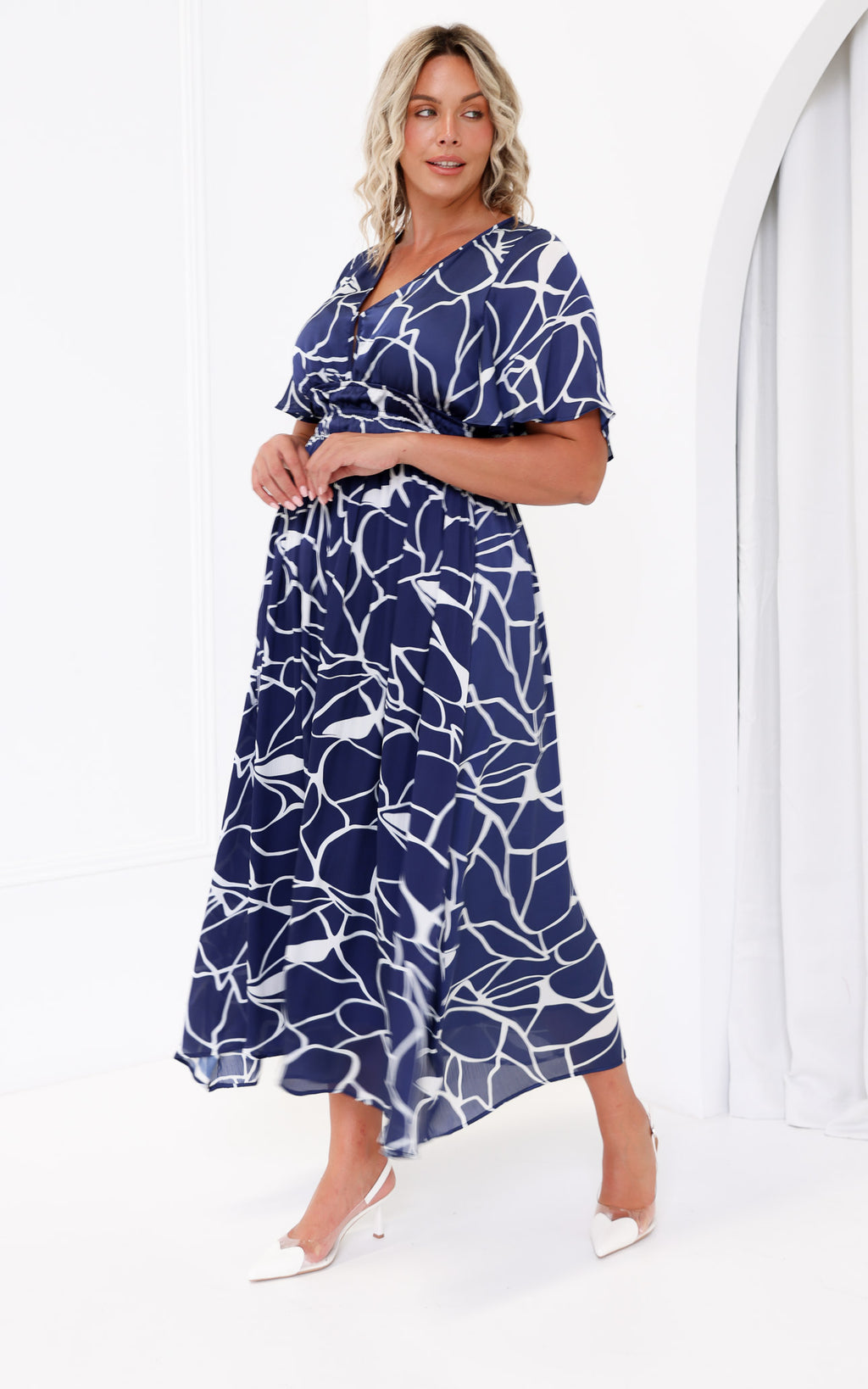 Monique Flutter Sleeve Maxi Dress - Navy Abstract Print