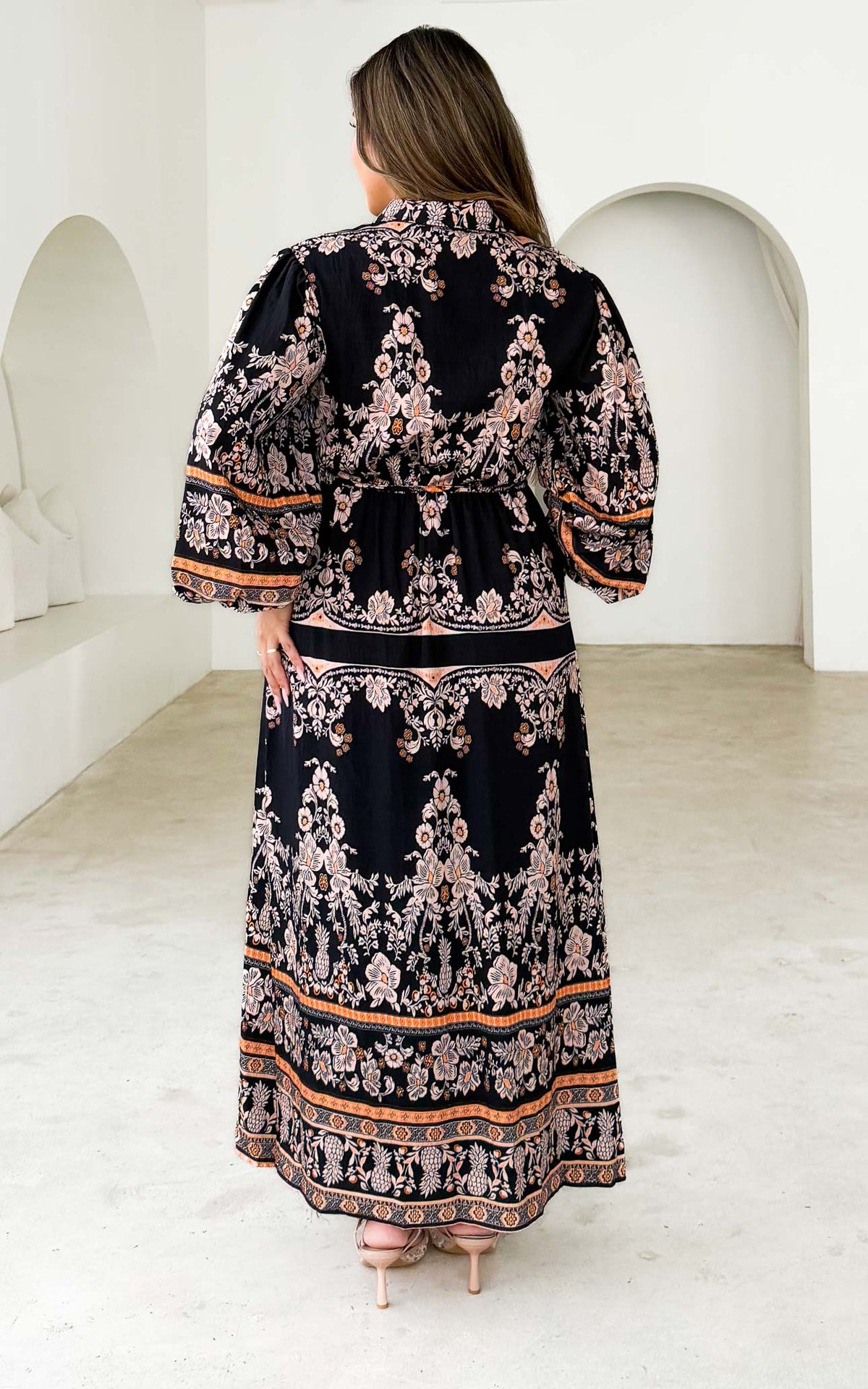 Nami Long Sleeve Maxi Dress - Black Orange Print