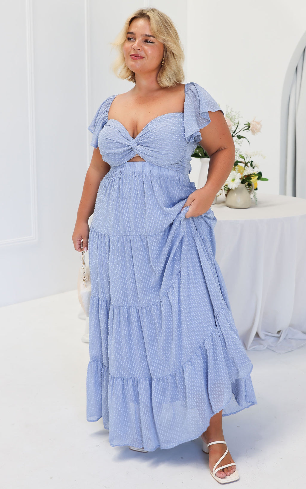 Odessey Tie Up Back Maxi Dress - Dusty Blue Texture