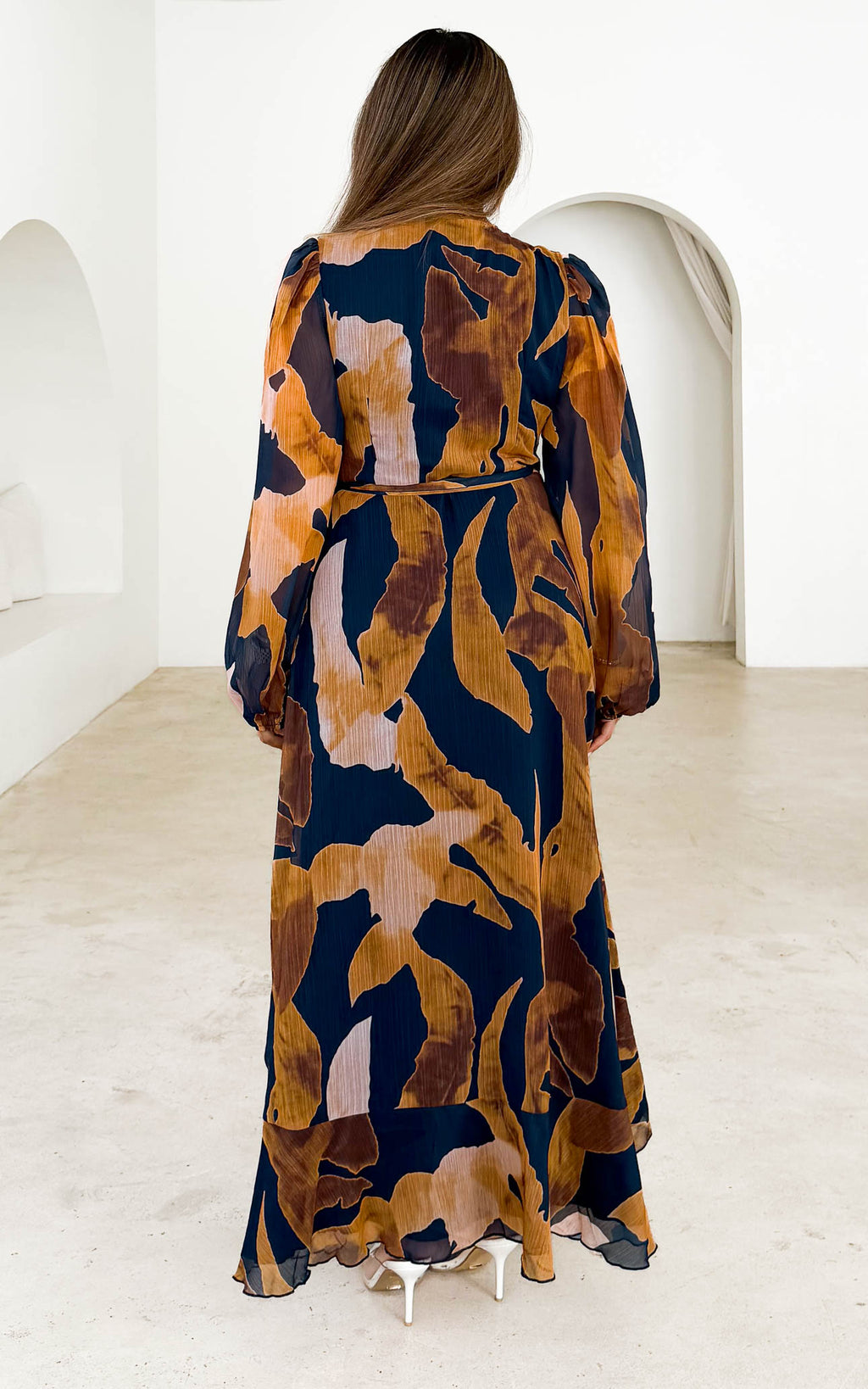 Odette Long Sleeve Wrap Maxi Dress - Navy Ochre Print