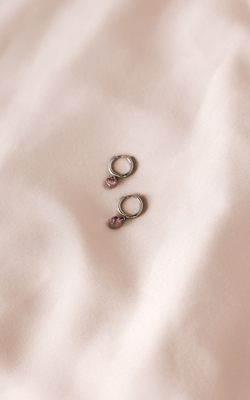 Odin Dainty Hoop Charm Earrings - Silver Pink Heart Diamante